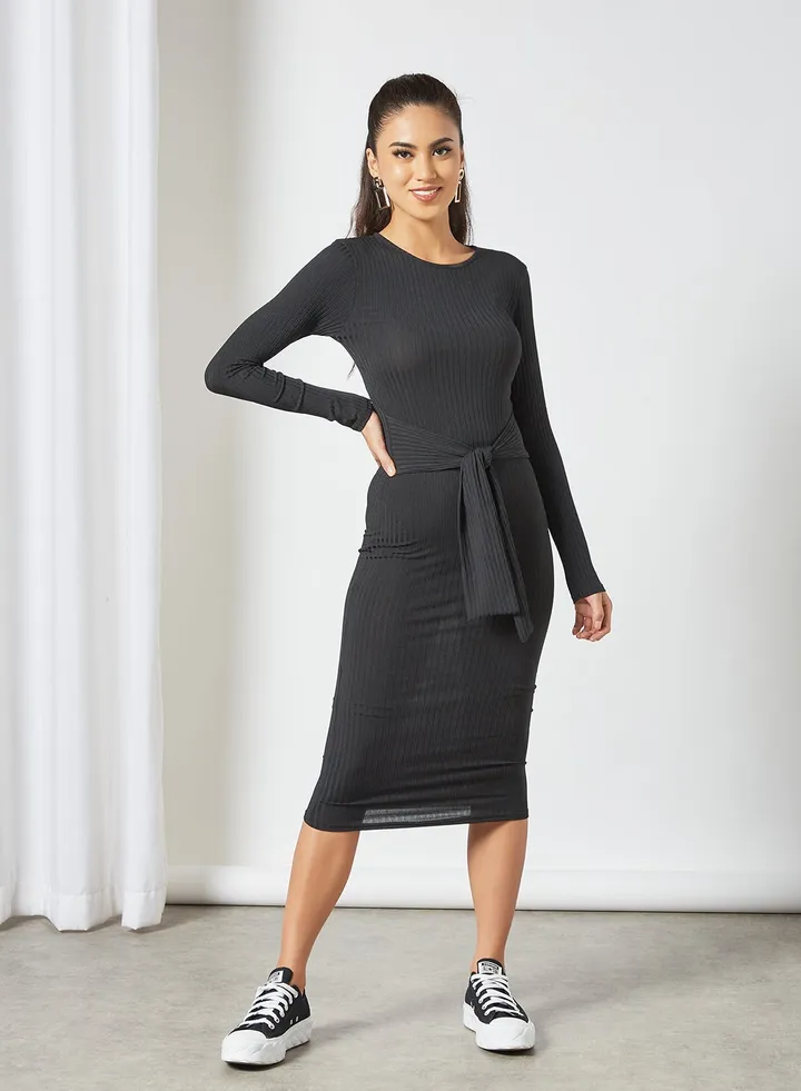 Ribbed Tie Waist Midi Dress Black