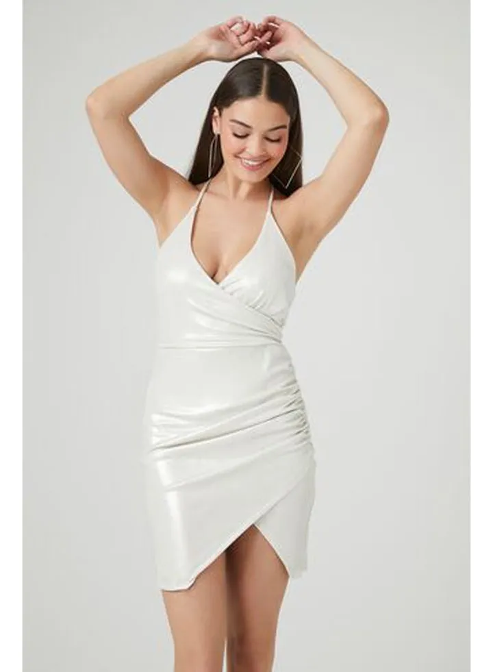 Slinky Faux Wrap Halter Mini Dress