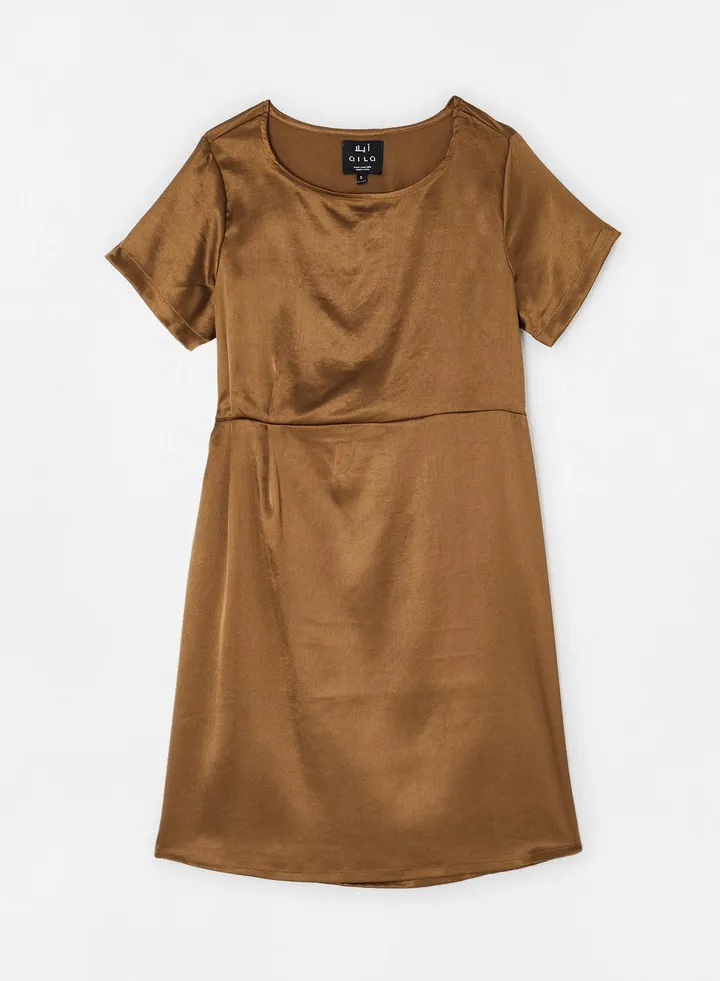 Casual Round Neck Dress Golden Brown