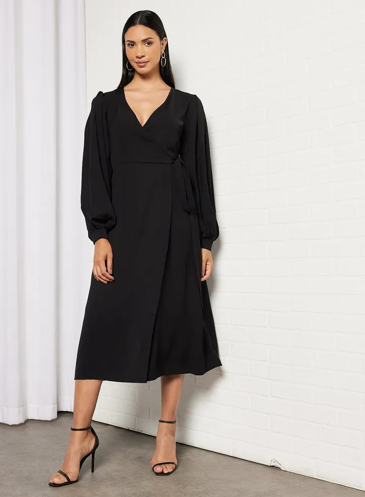 Long Sleeve Wrap Dress Black