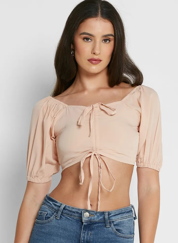 Sweetheart Neck Puff Sleeve Tie Crop Top