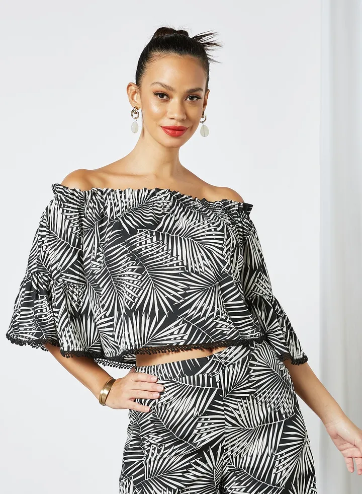 Casual Printed Crop Top Black/White
