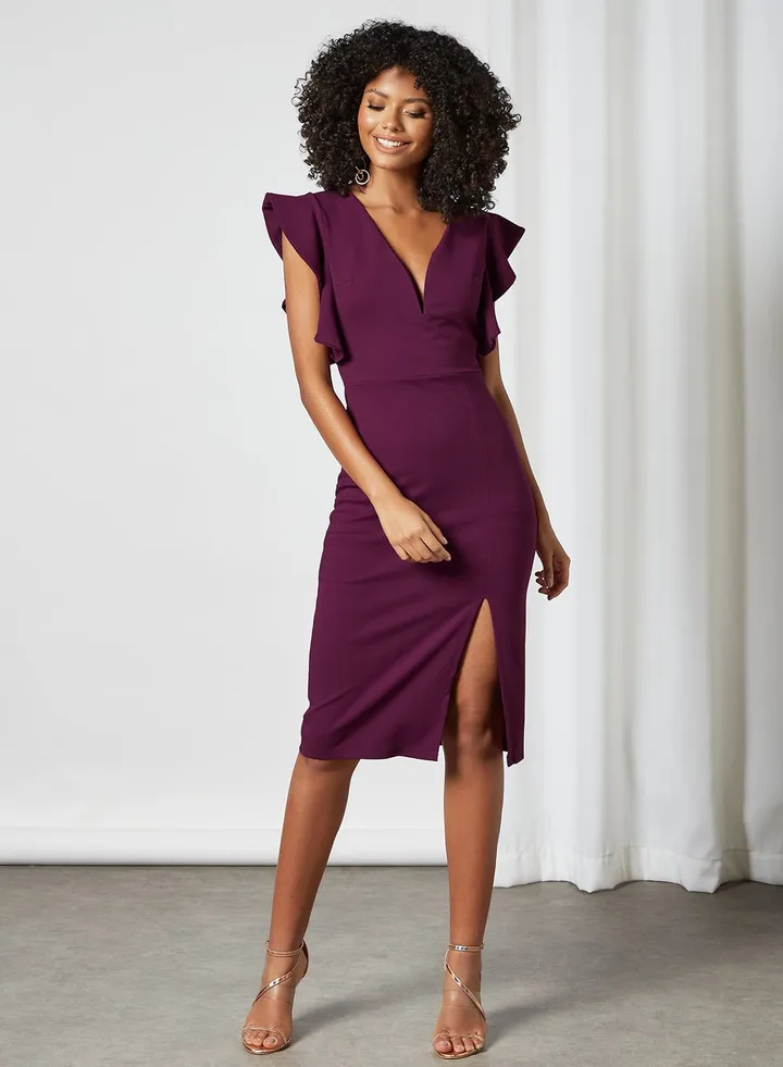 Olivia Frill Sleeve Midi Dress Purple