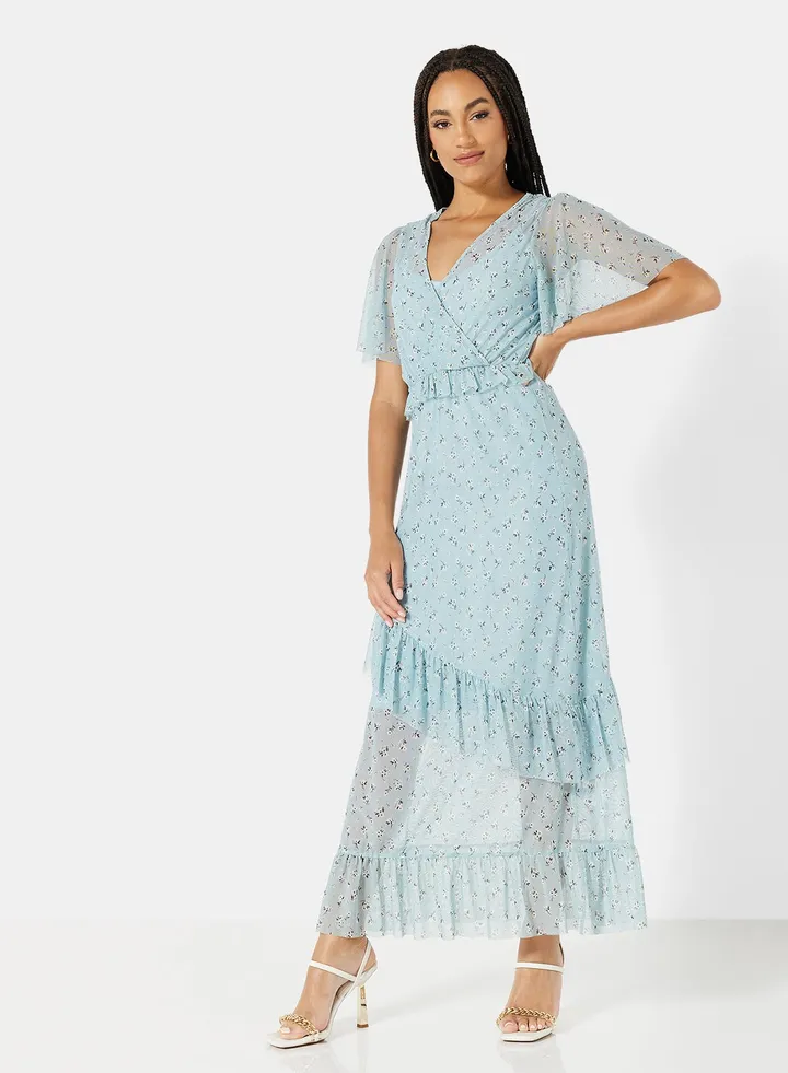Floral Ruffled Midi Dress Blue