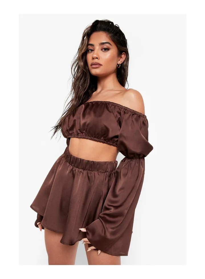 Satin Beach Bardot Ruched Sleeve Crop