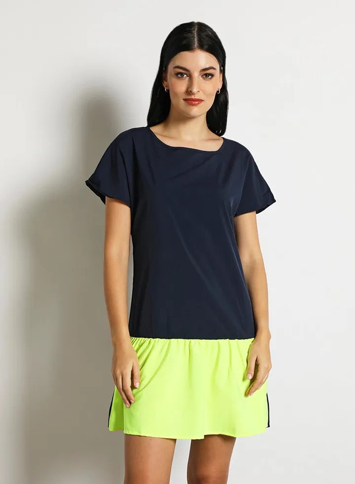 Women'S Casual Knee Length Short Sleeve Contrast Dress Green/Navy