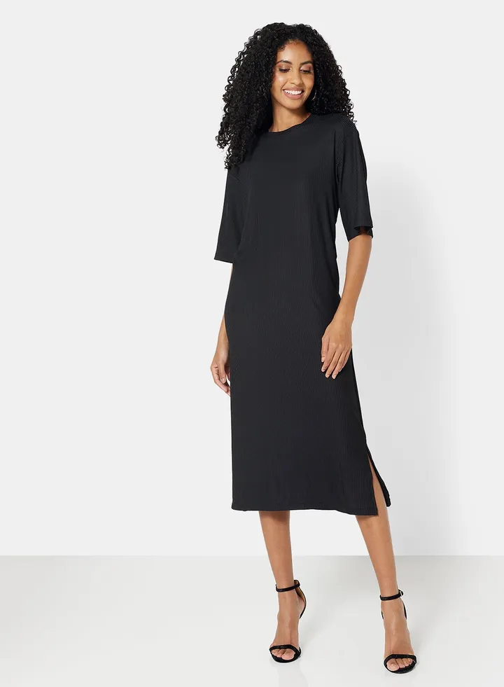 Solid Ribbed Dress Black