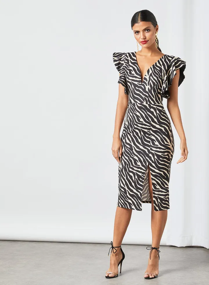 Olivia Frill Sleeve Midi Dress Black/Beige