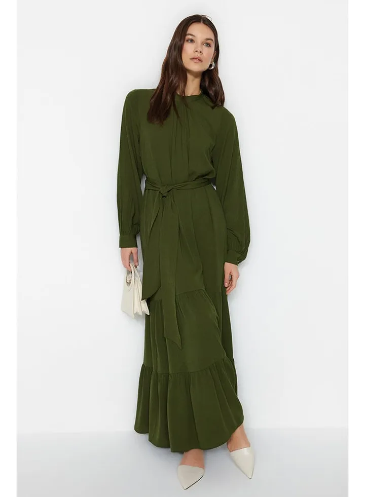 Khaki Belted Balloon Sleeve Woven Dress TCTSS23EB00289