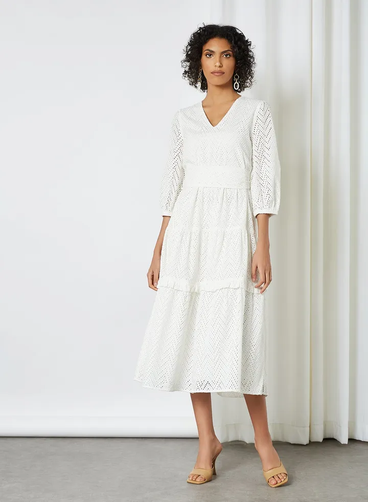 Belted Schiffli Dress Snow White