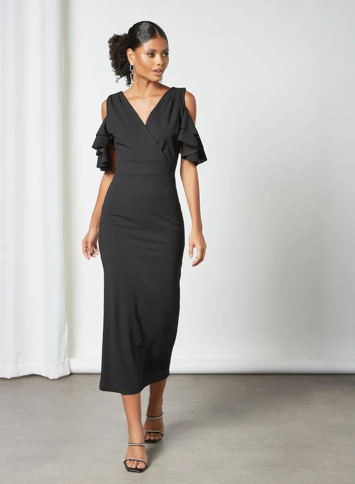 Frill Sleeve Midi Dress Black