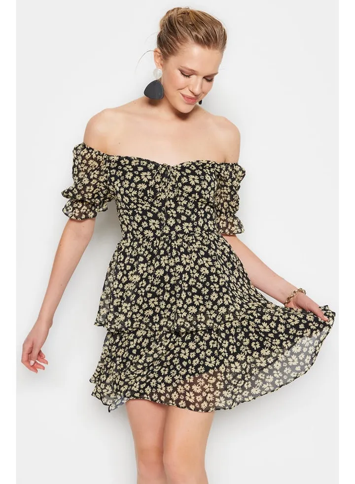 Black Floral Skirt Flounce Chiffon Lined Mini Woven Dress TWOSS22EL2772