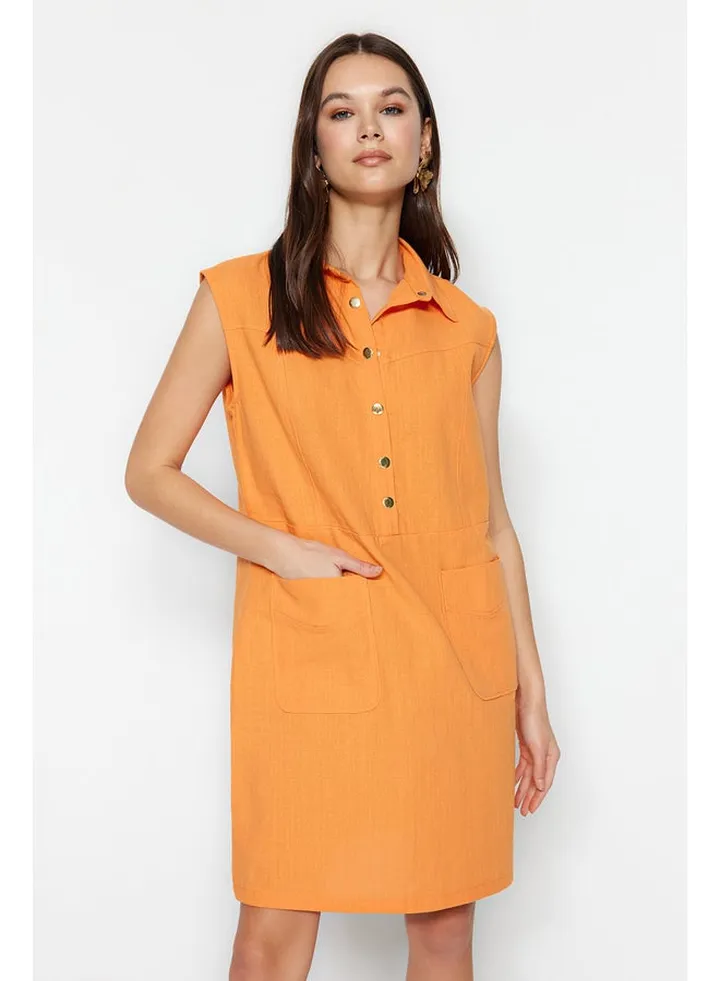 Orange Straight Cut Pocket Shirt Collar Mini Woven Dress TWOSS22EL1068