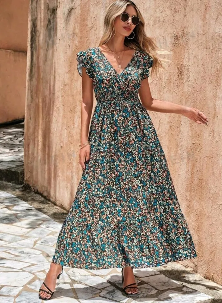 SHEIN LUNE Ditsy Floral Print Ruffle Trim Dress