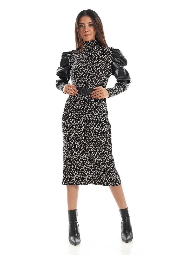 WomenCasual Wool Short dressWith Leather Sleeves And Belt