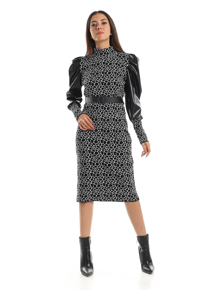 WomenCasual Wool Shortdress With Leather Sleeves And Belt