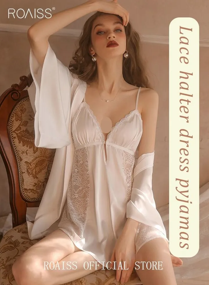 2 Piece Nightgown Set Women's Sweet Halter Nightdress Lace Lingerie Sleepwear Home Dress Set Romantic Elegant Pajamas Ladies Spring Autumn Robe Loungewear