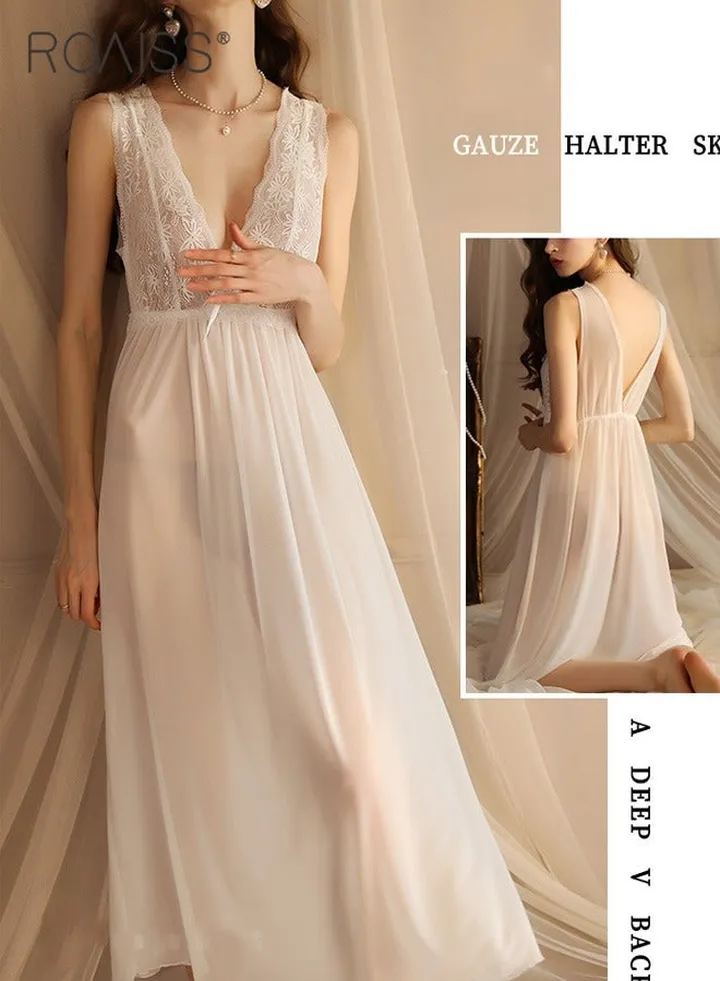 Women'S Sweet V-Neck Nightgown Translucent Mesh Dress Backless Sleeveless Nightgown
