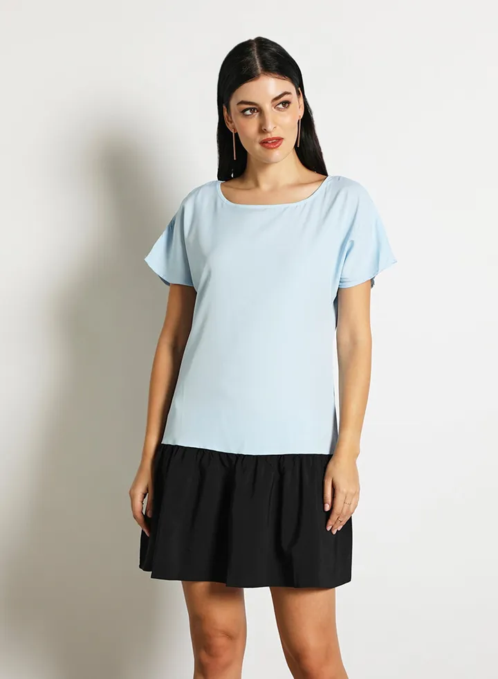 Women'S Casual Knee Length Short Sleeve Contrast Dress Blue/Black
