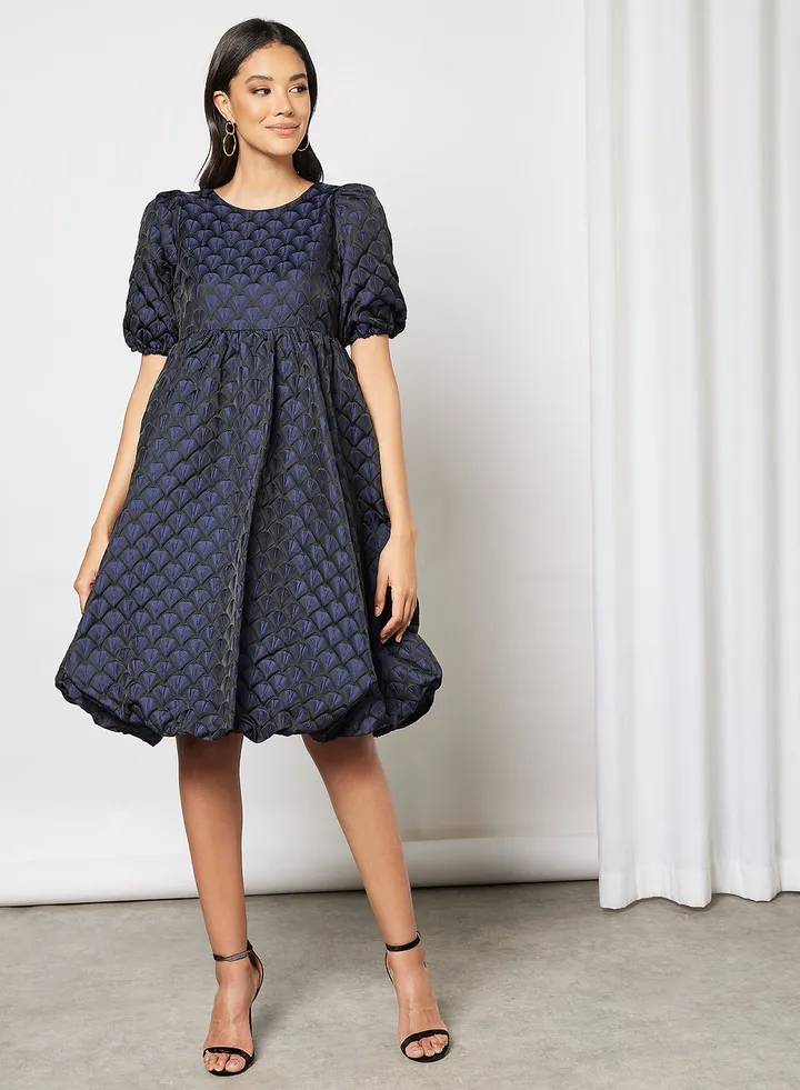 Skyla Puff Sleeve Midi Dress Black/Blue