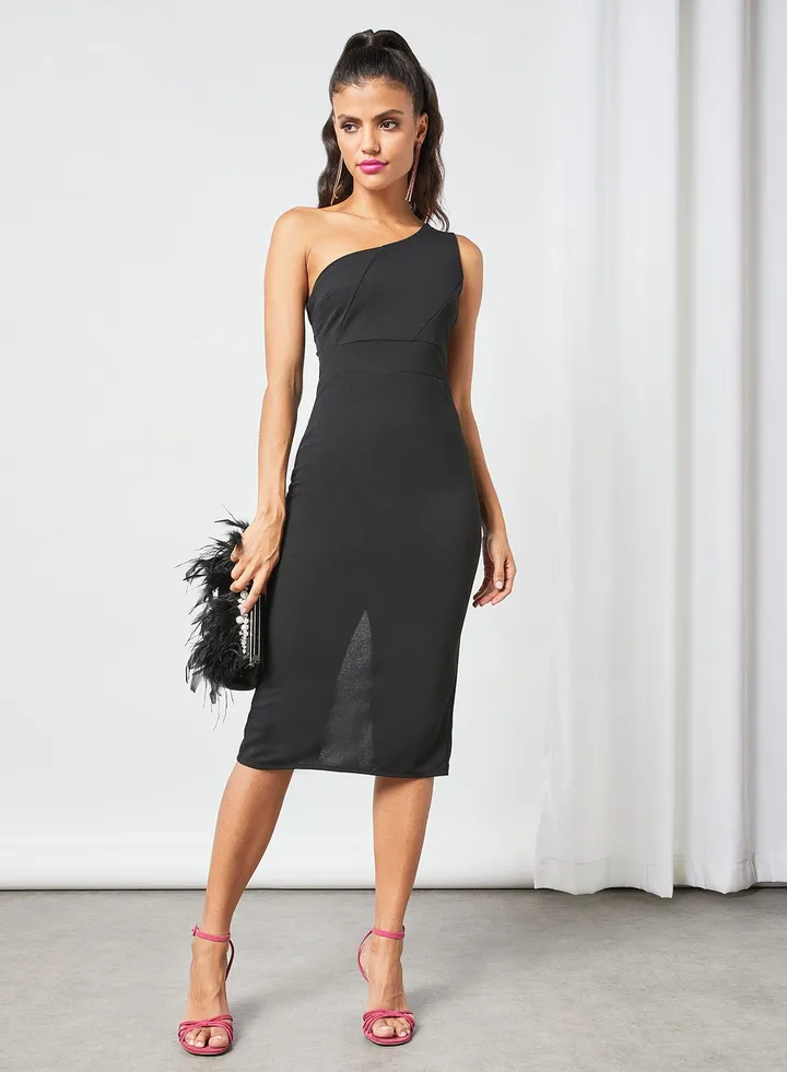 One Shoulder Midi Dress Black