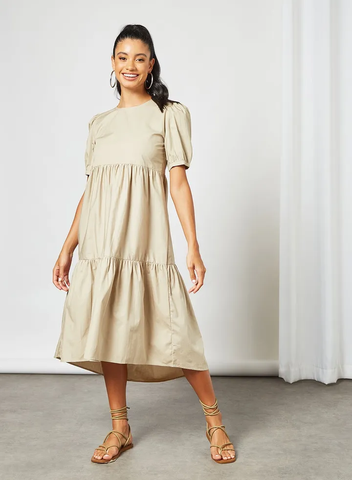 Poplin Tiered Dress Beige