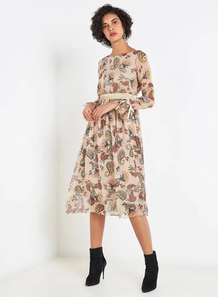 Floral Midi Dress Beige