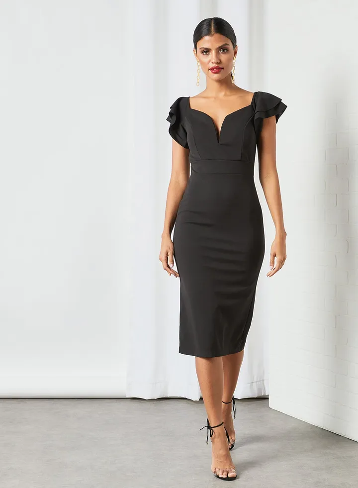 Frill Sleeve Midi Dress Black