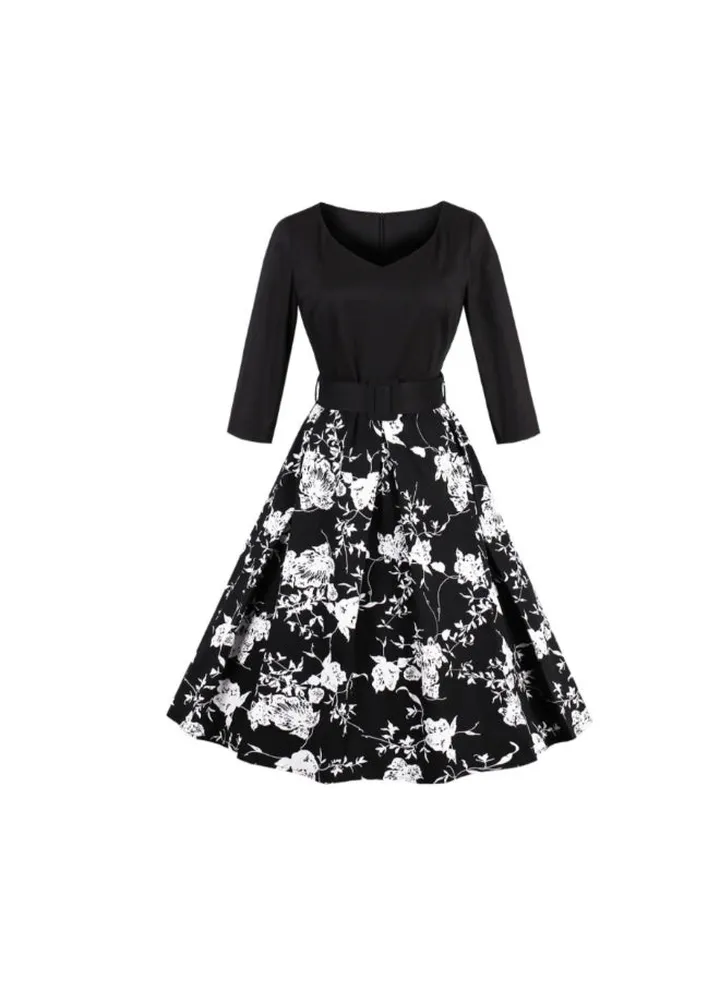 Printed Elegant Midi Dress Black/White
