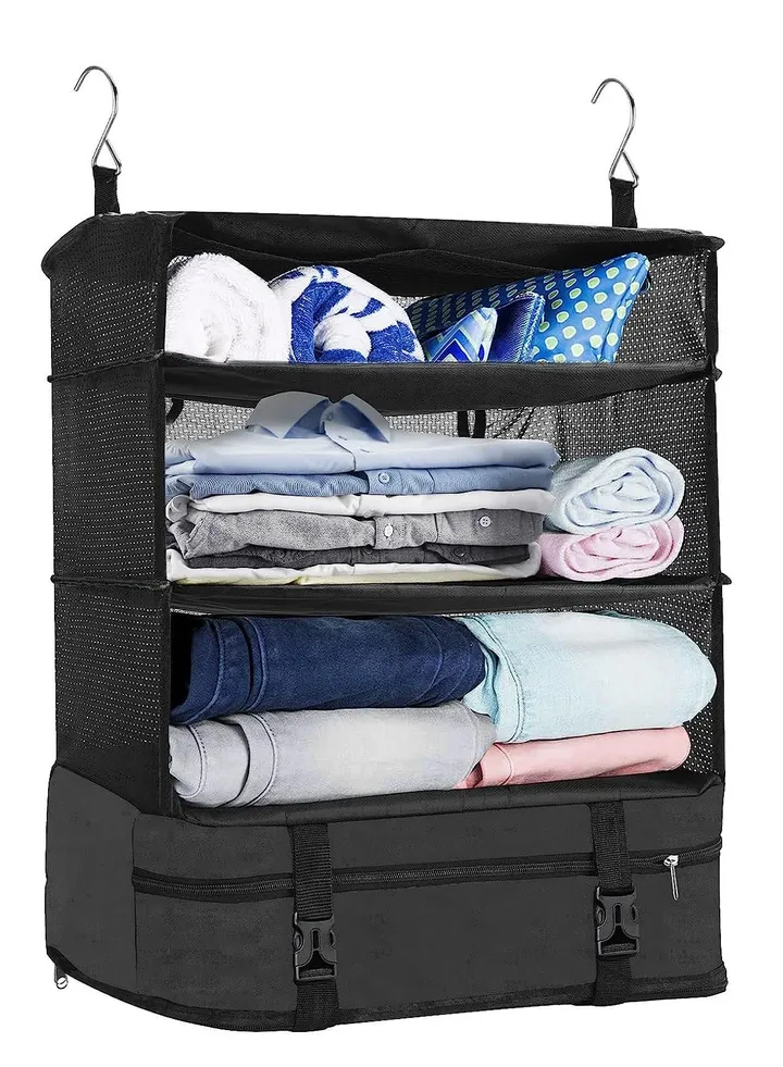 Portable Hanging Travel Shelves with Toiletry Bag Set Premium Durable Oxford Packing Cubes for Suitcases Hanging Carry on Closet Luggage Organizers for Travel (Black)