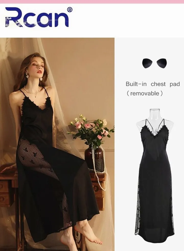 Fashion French Style Palace Embroidered Jacquard Lingerie For Women's Home Underwear Soft Satin Backless Sling Ladies Boudoir Dress V neck Sleepwear Plus Size Nightdress Cute Babydoll