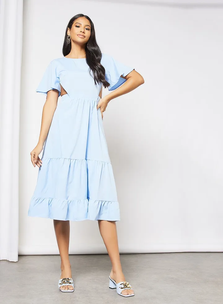 Casual Bell Shape Short Sleeve Midi Solid Woven Dress 138 Lite Blue