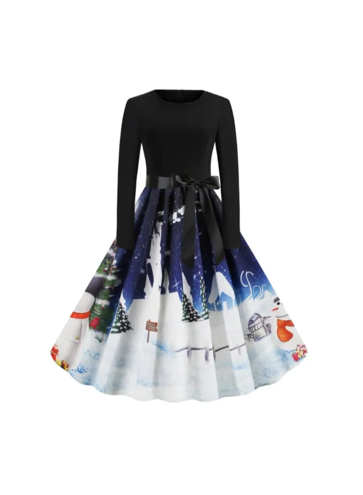 Long Sleeve Printed Elegant Dress Black/White