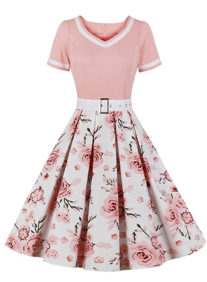 Vintage Printed Dress Fluffy Skirt Pink