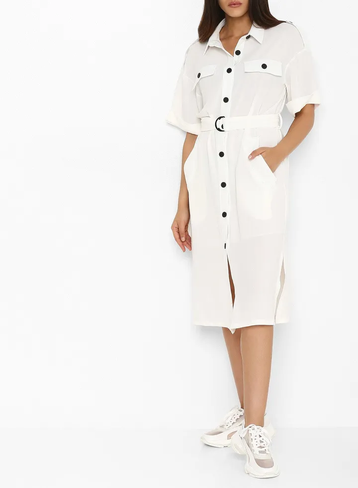 Belted Shirt Dress White