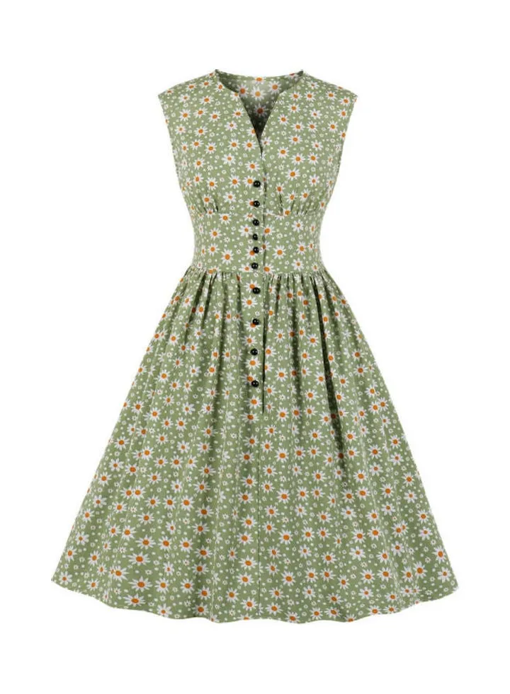 Casual Floral Midi Dress Green