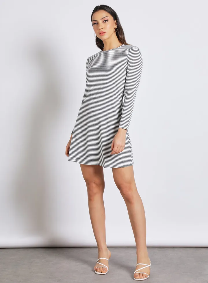 Women's Casual Round Neck Long Sleeve Knee Length Midi Strips Knit Dress Grey