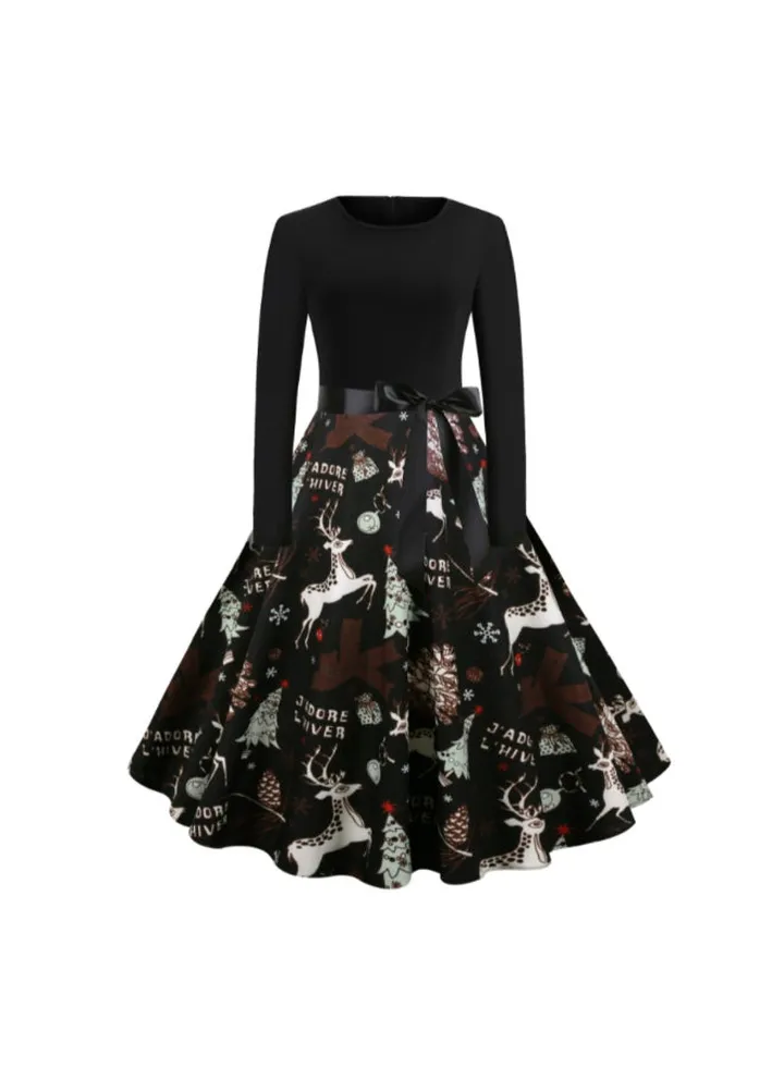 Printed Elegant Midi Dress Black/Brown/White