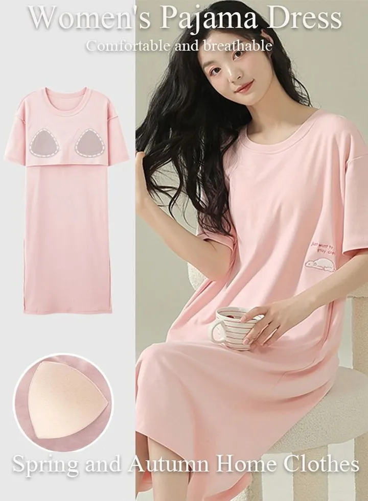 Women's Nightgown Sleep Shirts Short Sleeves Sleep Dress Built in Bra Removable Pads Nightwear Soft Pajama Dress Sleepwear Round Neck For Ladies