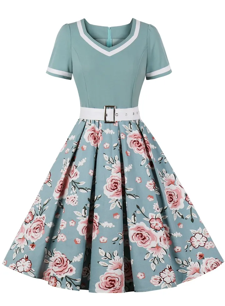 Vintage Printed Dress Fluffy Skirt Green