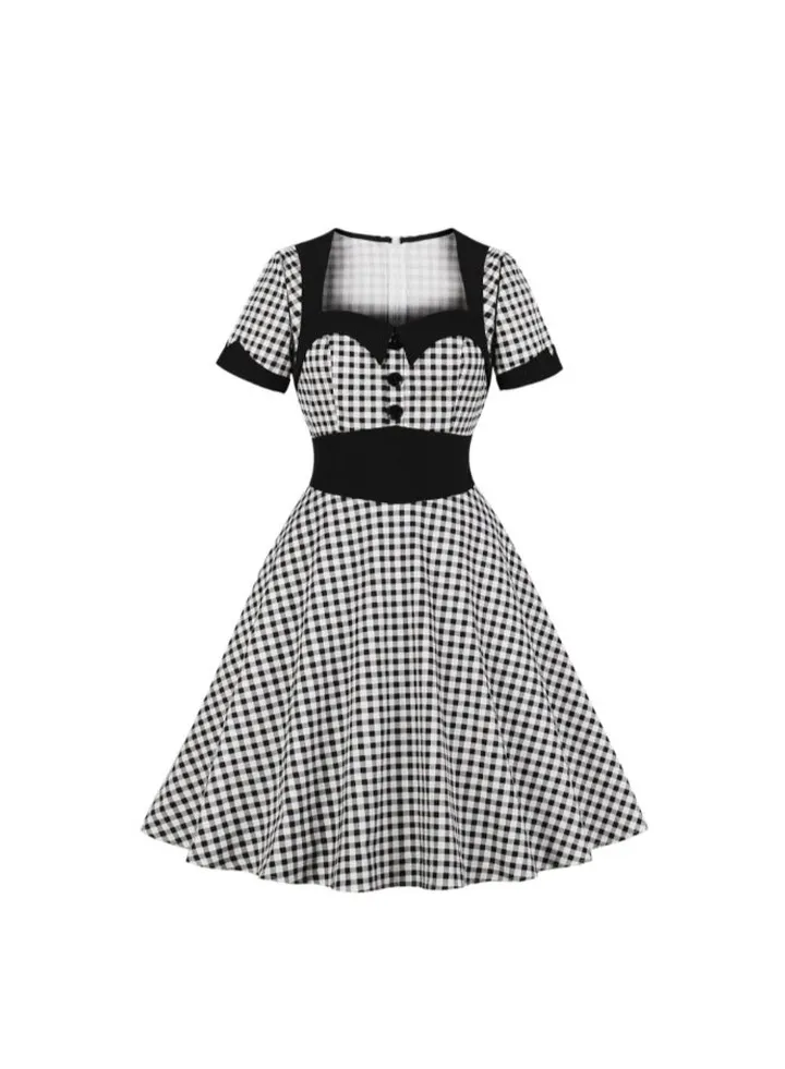 Elegant Square Neck Plaid Dress Black/White