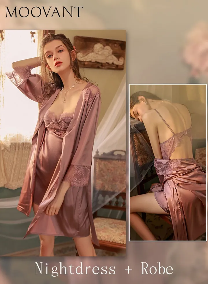 2-Piece Women Sling Nightdress Set Nightgown + Robe + Belt Push-up Lace Nightdress Romantic Sweet Home Dress Elegant Pajamas Set Loungewear Purple