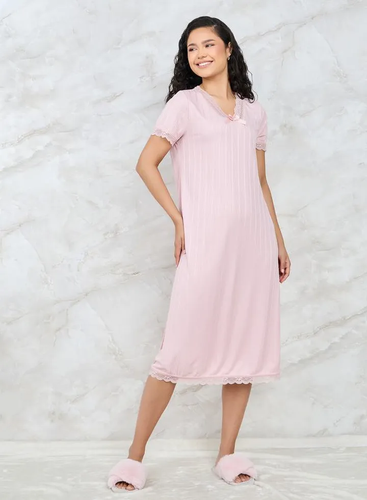 V Neck Lace Trim Rib Nightdress