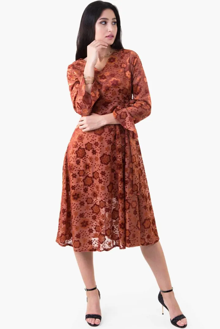 Velvet Floral Dress Brown