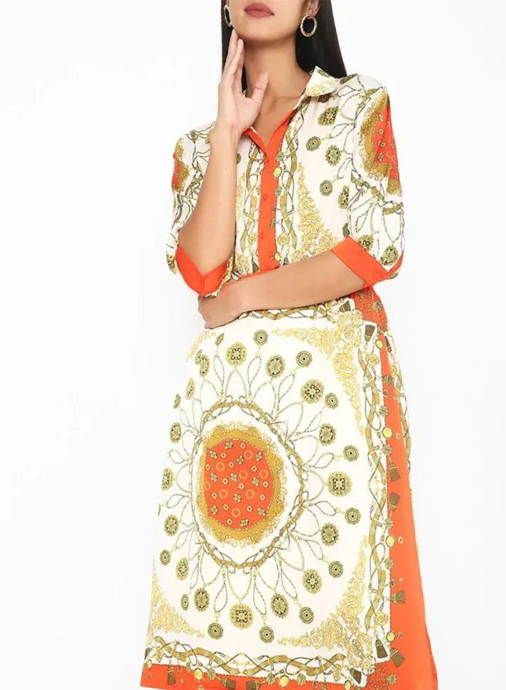 Printed Collared Neck Midi Dress Beige/Green/Orange