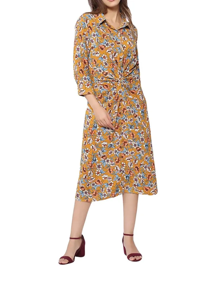 Mustard Floral Knotted Shirt Dress Yellow