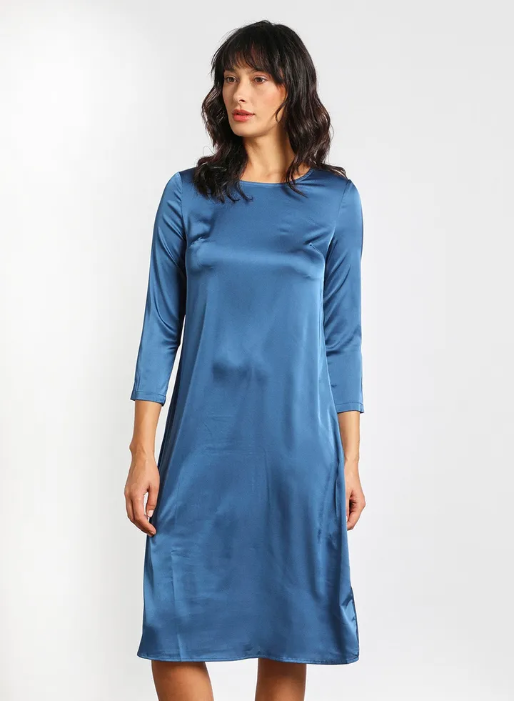 Women's Casual Round Neck Long Sleeve Midi Solid Dress Navy Blue