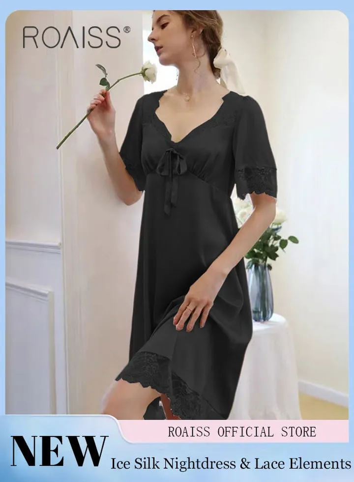 Silk Satin Nightdress Women Short Sleeves Lace Pajamas Shirt Dress Soft Sweet Lingerie Dress Ladies Nightgown Sleepwear Mid Length Casual Loose Thin Loungewear