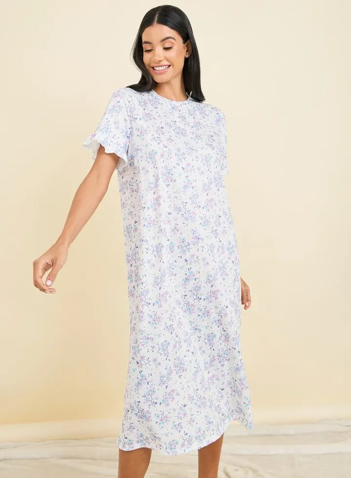 Ditsy Floral Print Ruffle Sleeves Sleep T-shirt Dress