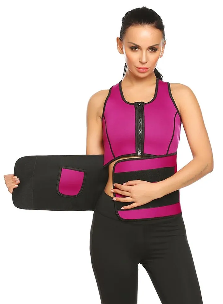 Vest With Adjustable Waist Cincher Trimmer Belt Rose Red